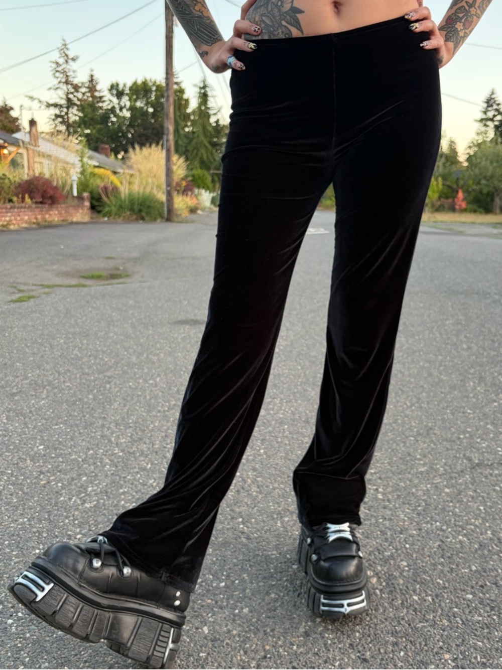 Vintage 90s Black Velvet Pinstripe Flare Pants - Picture 2 of 5